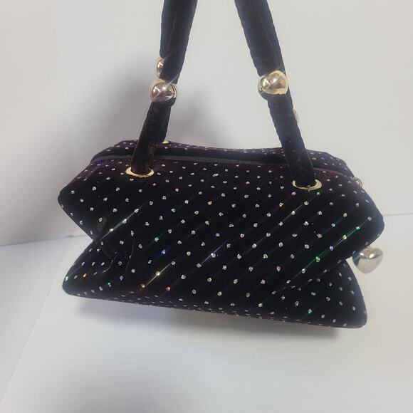 Vintage Black Velvet Rhinestone Evening Handbag w Gold Ball Accent 1960's Style - Picture 2 of 14